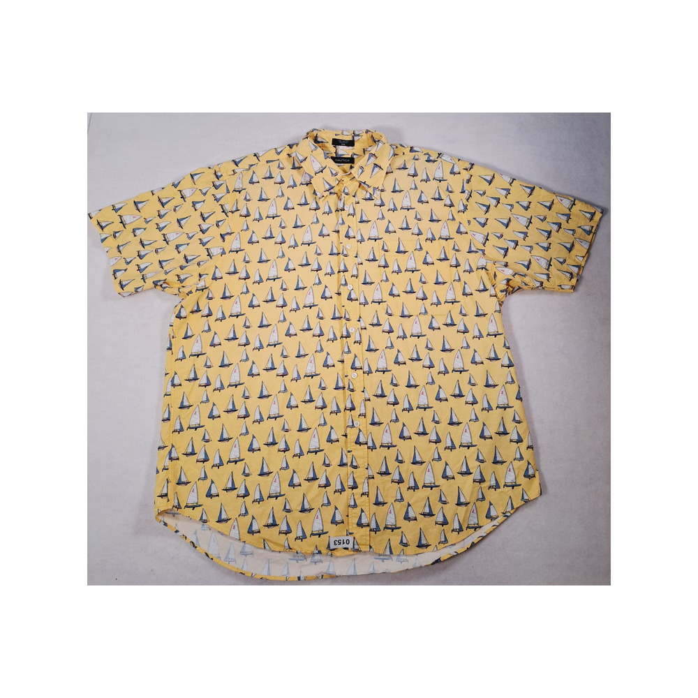 Nautica Men's  Button-Up Short-Sleeved Shirt 100% Cotton Yellow XXL